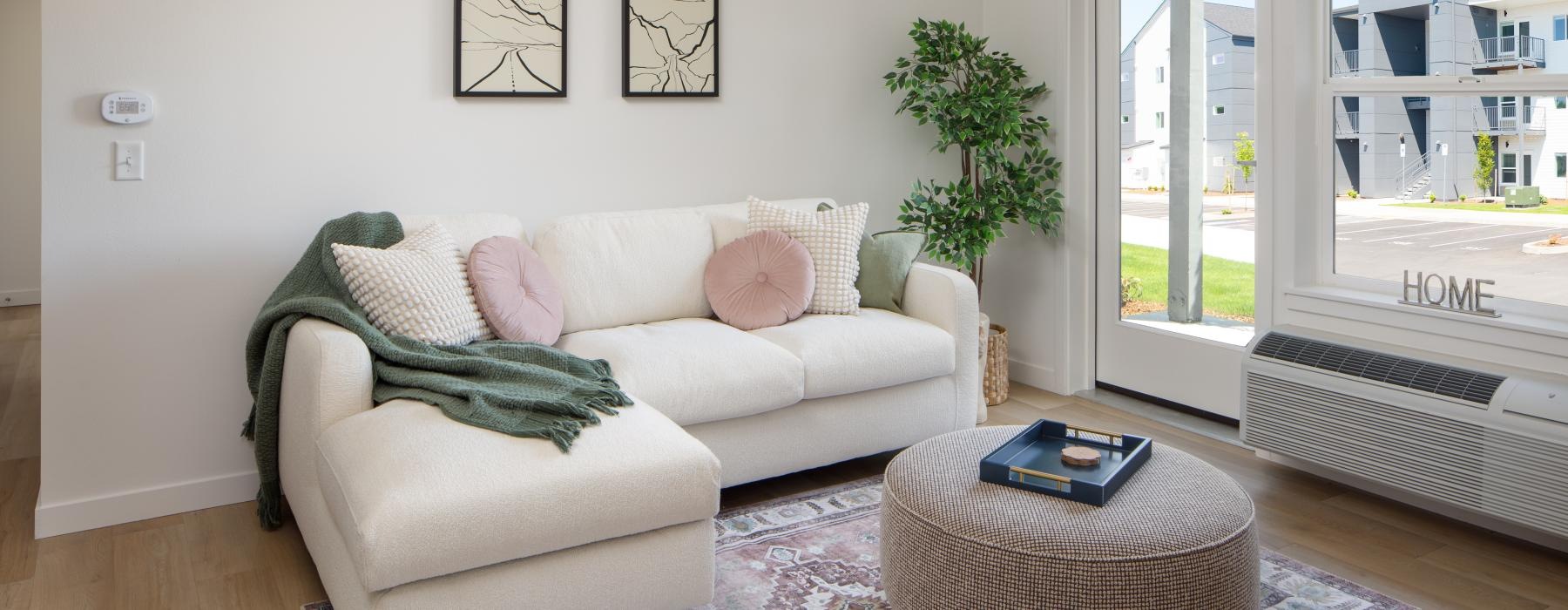 a living room with a couch and a coffee table